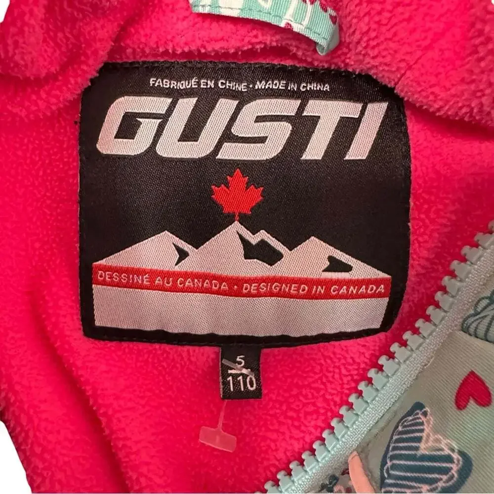Gusti Kids Teal Puffer Jacket Pink Hearts Size 5 Winter Warm Coat